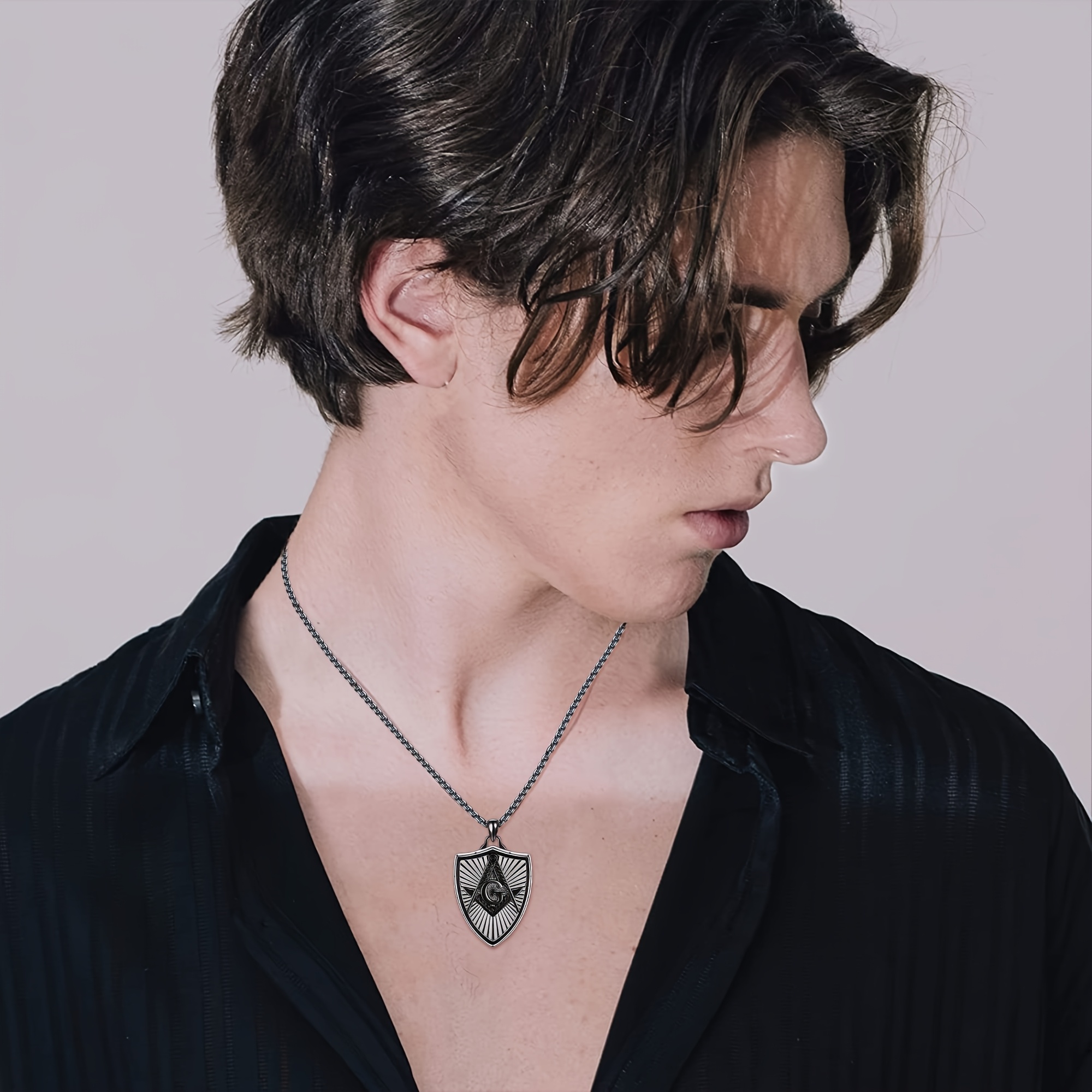 Men's 925 Sterling Silver Black Pendant Necklace